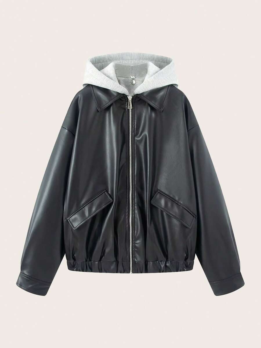 女士休闲落肩连帽拼接仿皮夹克，秋冬款