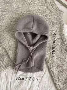 1pc Women's Grey Drawstring Balaclava Knit Face Neck Warmer Outdoor Ski Protective Hat Scarf Shawl, Suitable For Winter - Light Grey - View 2