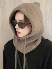 1pc Women's Grey Drawstring Balaclava Knit Face Neck Warmer Outdoor Ski Protective Hat Scarf Shawl, Suitable For Winter - Light Grey - View 9