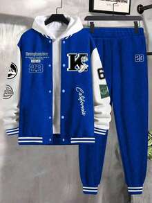 2pcs/Set Tween Boy Casual Patchwork Fleece Baseball Jacket And Drawstring Fleece Sweatpants Set, Autumn/Winter - Blue - View 3