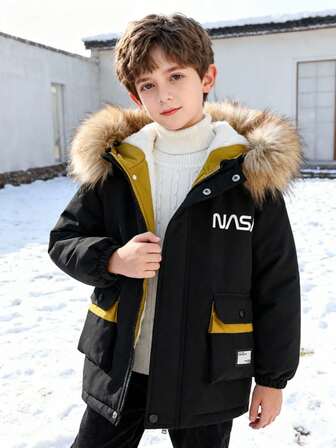 Boys' Casual Fashionable Autumn/Winter Padded Coat With Contrast Color And Pockets