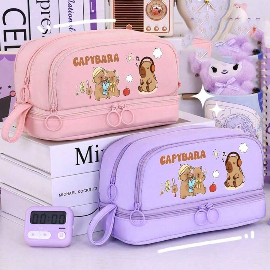 Hộp bút hình gấu trúc hai lớp dung tích lớn, túi đựng văn phòng phẩm bằng polyester, phù hợp cho học sinh, túi đựng bút chì, ba lô, hộp bút nhiều lớp, đồ dùng học tập, vật dụng cần thiết cho trường học, hoàn hảo cho học sinh và quà Giáng sinh. - Gấu trúc B - Xem 1