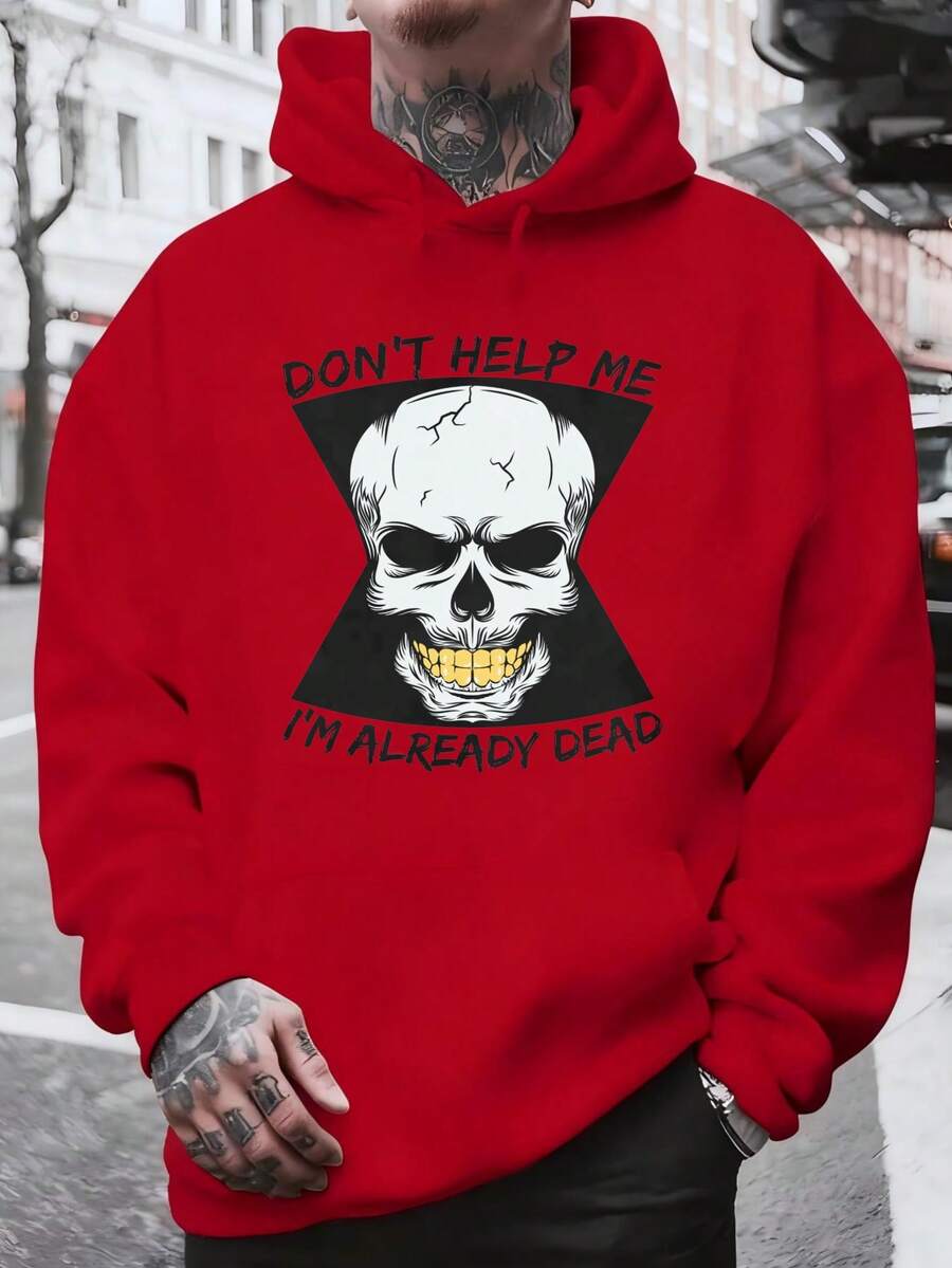 Men's Hooded Sweatshirt, Women's Men's Fashion Black Hoodie With Skull Print And "Don't Help Me I'm Already Dead" Text For Daily Use And Casual Occasions Winter Spring, Christmas Outfit Ideas, Perfect For Outdoor Activities, Parties, And The Best Gift For Friends. - 紅色 - 查看 1