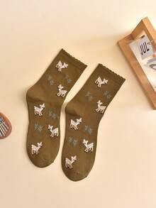 1 Pair Khaki Cute Deer Pattern Knit Mid-Calf Socks, Soft & Comfortable For Daily And Holiday Wear, Unisex - Khaki - View 2