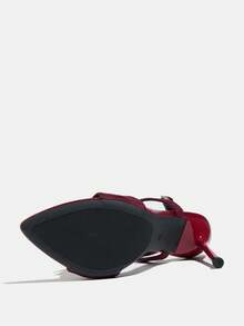 Women's High Heel Shoes, Fashionable High-End Party, Banquet, Ballroom Dancing Shoes, Pointed Toe, Tassel T-Strap, Soft Faux Suede Material, Adjustable Ankle Strap, Elegant Sexy Warm Luxurious Wine Red Heels, Suitable For Commuting, Evening Gown - Burgundy - View 7