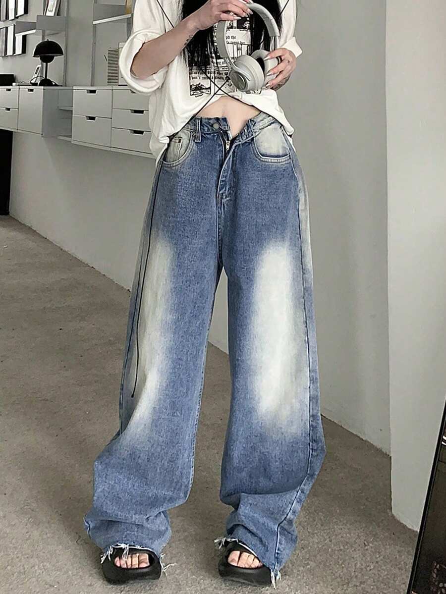 Retro Versatile Loose Wide Leg Jeans For Women, High-End Feel, Spring/Autumn - Blue - View 1