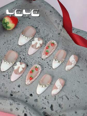 10pcs Fake Almond Shape Press On Nails,Pink,Classic French Tip,Sweet Heart,Japanese Style Full Cover Press On Nails Set,Handmade Nails,Princess Style,3d Three-Dimensional Decoration Bow-Knot,Drawing Strawberry,Pearl ,Ribbon,Nordic Full Cover Acrylic Fake Nails Kit For Women And Girls &1pc Mini Nail File & 1 Sheet Adhesive Tabs,Perfect For Women And Girls' Daily Looks, And Also Great For Parties, Ceremonies And Other Occasions
