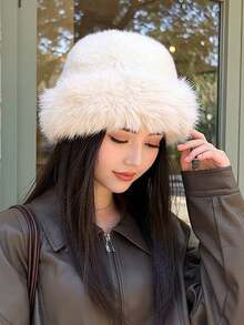 1pc Women's Fluffy Bucket Hat, Thickened Warm & Soft, Korean Style, Winter