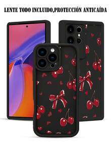 1 pieza Funda de teléfono con diseño de cerezas rojas, corazones y lazos en estilo romántico y vintage ideal para San Valentín TPU soft case, protección completa antideslizante y anti-caída, compatible con iPhone17 ProMax/16/15/14/13/12/11/Plus/Pro/ProMax, compatible con Galaxy A34/A35/A54/A55, Galaxy S20/S21/S22/S23/S24/S25 Ultra/Plus, compatible con Galaxy/Redmi/Honor/OPPO/ViVo - Negro - Ver 9
