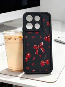 1 pieza Funda de teléfono con diseño de cerezas rojas, corazones y lazos en estilo romántico y vintage ideal para San Valentín TPU soft case, protección completa antideslizante y anti-caída, compatible con iPhone17 ProMax/16/15/14/13/12/11/Plus/Pro/ProMax, compatible con Galaxy A34/A35/A54/A55, Galaxy S20/S21/S22/S23/S24/S25 Ultra/Plus, compatible con Galaxy/Redmi/Honor/OPPO/ViVo - Negro - Ver 4
