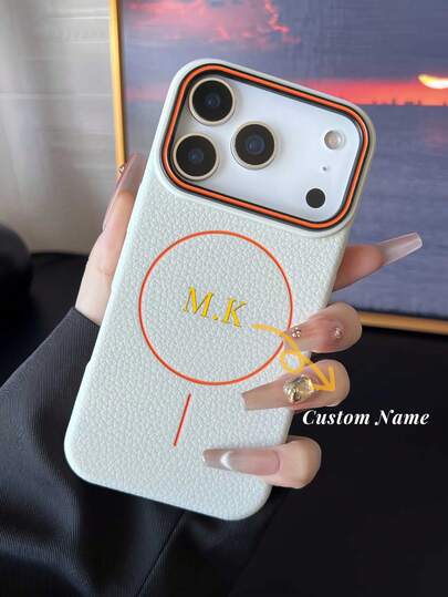 Customized Leather Texture Magnetic Phone Case, Solid Color Glossy Leather Texture Full Body Phone Case With Magnetic Attachment, Compatible With Apple 17 Air 16 15 14 13 12 Pro Max Plus Soft Silicone Back Cover, Personalized Letter Name, Retro Solid Color Magnetic Couple Phone Case, Valentine's Day Gift, Good Birthday Gift, Holiday Gift, Gift For Her, Personalized Gift, Customized Product