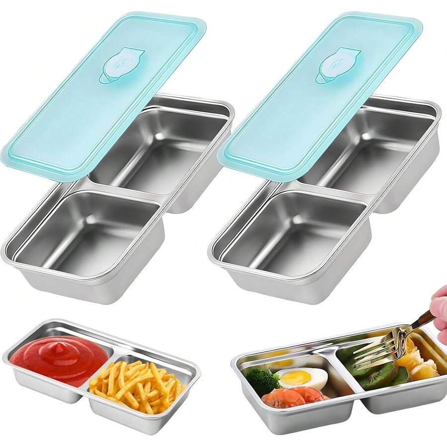 Recipientes para aperitivos de acero inoxidable, 2 piezas Recipientes para aperitivos reutilizables con compartimentos dobles y tapas, Recipiente para comida, Cajas para aperitivos para viajes, oficina, picnic - 1 - Ver 1
