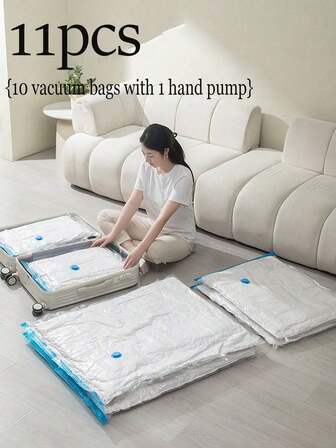 11 Pcs/Set, Including 10 Transparent Vacuum Compression Storage Bags And 1 Manual Air Pump. Suitable For Bedroom Storage, Space-Saving, Airtight Storage Bags For Clothing, Bedding, Pillows, Plush Toys, Quilts, Blankets, Kitchenware, Scarves, Shoes, Travel Accessories, Etc. Space-Saving, Dustproof And Airtight, Ideal For Home Storage And Moving Organization.