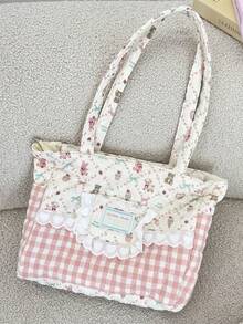 1 Stück süße Spitzen-Karo-Patchwork-Schultertasche, süße Karo-Cartoon-Muster Damen-Multifunktions-Handtasche, große Kapazität Handtasche, Schultertasche, Pendler-Tasche, Urlaubstasche, Damen-Mode-Handtasche, perfekt für Mädchen und weibliche College-Studentinnen zum Einkaufen und Reisen, perfekt für Urlaub und Festivals, Urlaubsgeschenk für beste Freundinnen - Verschiedenfarbig - Übersicht 13