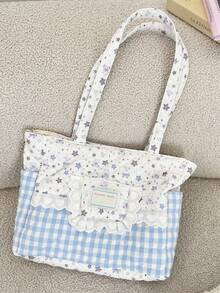 1 Stück süße Spitzen-Karo-Patchwork-Schultertasche, süße Karo-Cartoon-Muster Damen-Multifunktions-Handtasche, große Kapazität Handtasche, Schultertasche, Pendler-Tasche, Urlaubstasche, Damen-Mode-Handtasche, perfekt für Mädchen und weibliche College-Studentinnen zum Einkaufen und Reisen, perfekt für Urlaub und Festivals, Urlaubsgeschenk für beste Freundinnen - Verschiedenfarbig - Übersicht 14