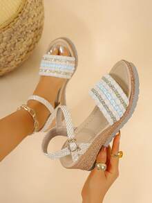 2026 New Women's Bohemian Style Fashion Wedge Sandals, Summer Thick Bottom Sandals, Slip-On High Heel Shoes, Suitable For Party, Date, Wedding And Many Occasions, And Popular - Beige - View 6
