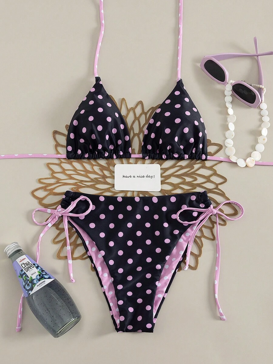 Bộ bikini buộc dây hở lưng họa tiết chấm bi và chữ 2 mảnh gợi cảm, đi nghỉ và đi biển - Nhiều màu - Xem 1