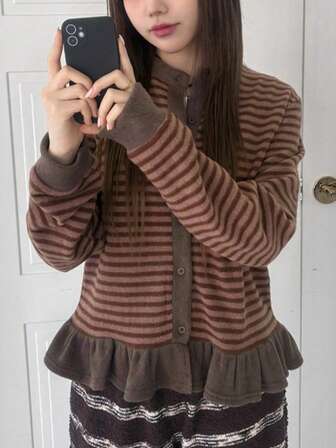 Vintage Striped V-Neck Loose Casual Pullover Top, Versatile For Autumn/Winter