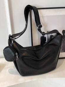 美拉德色时尚休闲女士单肩斜挎包，带零钱包，柔软PU皮革，适合日常通勤 - 黑色 - 查看 8