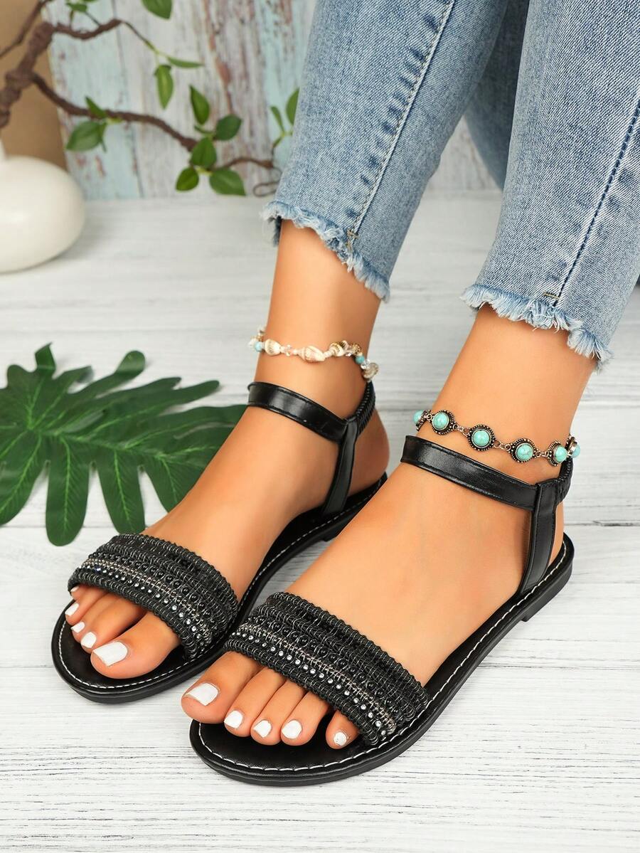 Women's Fashion Embroidered Comfortable Elastic Band Beach Flat Sandals, Plus Size; Women's Pearl Chain Decor Flat Sandals - Black - View 1