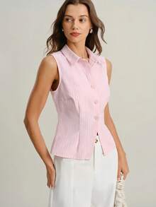 女士优雅无袖条纹纽扣衬衫，翻领，常规长度，涤纶面料，无弹力，适合夏季穿着，粉色 - 粉色 - 查看 1