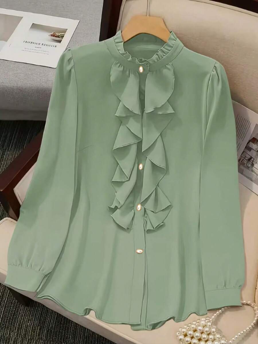 女士优雅花卉蕾丝边开衫，春秋季 - 豆綠色 - 查看 1