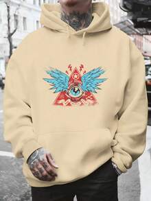 Men's Hooded Sweatshirt, Men's Fashion Hoodie With Triangular Eye Print, Blue Wings And Red Lightning Bolts For Daily Use, Social Outings, Winter And Spring, Christmas Outfit Ideas, Perfect For Outdoor Activities, Parties, And The Best Gift For Friends. - 杏色 - 查看 6