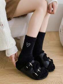 女士加厚保暖纯色人造毛皮爱心图案袜子，简约纯色爱心图案中筒袜，女士冬季袜子，女孩和青少年人造毛皮爱心图案中筒袜，加厚保暖过膝袜，适合居家、地板、睡眠、产后穿着以及春、秋、冬季穿着。 - 彩色 - 查看 6