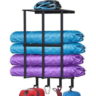 Camping Chair Wall Storage For Garage, Metal Camping Chair Storage Rack Wall Holder, Floating Shelf, 4 Hooks, Stainless Steel, Beach Chair Rack, Umbrella Holder, Garage Chair Organizer, Matte Black