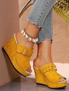 2026 New Women's Rivet Decor Sandals, Bohemian Style Fashion Wedge Heels, Summer Open Toe Slip-On High Heel Shoes, Suitable For Party, Date, Wedding And Many Occasions, Design - Yellow - View 5