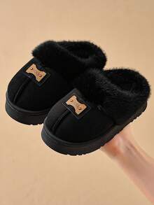 儿童拖鞋 新款秋冬简约设计 男童室内家居保暖毛绒拖鞋 时尚女童加厚蓬松拖鞋 - 黑色 - 查看 15