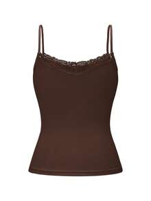 GAOVOT Women's Lace Patchwork Camisole, Sexy Fitted Y2K Style, Spring/Summer - Brown - View 11