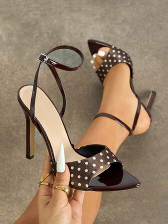 Jin Bei Qi Women's High Heels With Mysterious White Polka Dots, Soft Mirror-Like Material, Pointed Toe, Sexy Slim High Heels, Suitable For Spring/Summer Nightclub, High-End Party, Outdoor Fashion Events. Adjustable Ankle Strap, Mocha Brown Ladies Sandals, Versatile High Heels To Match Dresses