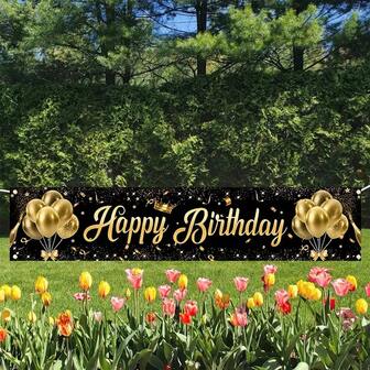 1pc Happy Birthday Background Cloth Banner, Designed With Golden Balloons, Crown, Suitable For Party Decoration - Birthday Party Decoration, Courtyard, Garden, Living Room Decoration, Photography Background Props, Gift Shower