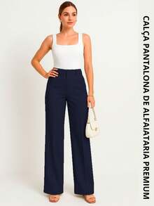 Women's Tailored Wide Leg Trousers, Beltless, Casual, Elegant, Pockets, Button And Zipper - 藏蓝色 - 查看 3