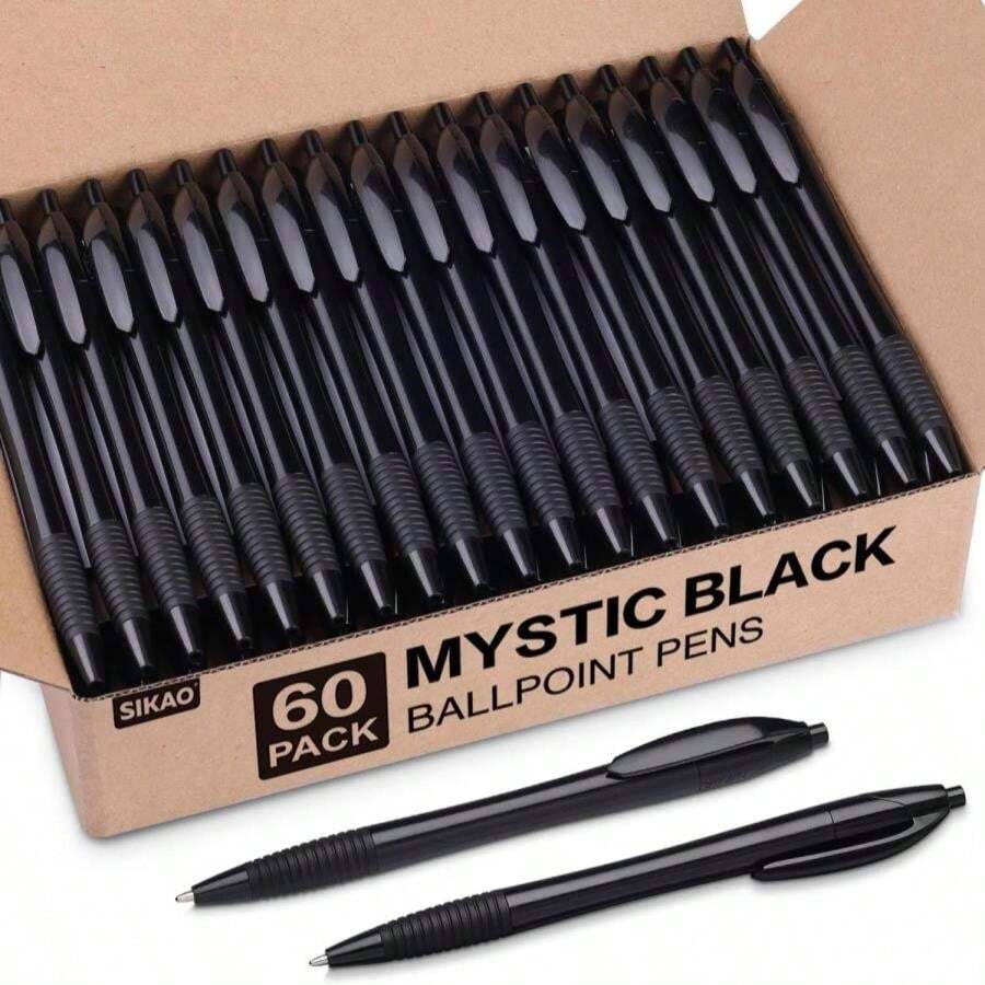 Sikao Pens Bulk, 60 Pack Gripped Slimster Ballpoint Pens Black Ink 10mm Medium Point Smooth Writing, Click Pens With Comfort Grip For Teachers, Students, Restaurant Servers, School &Amp; Office Use - ColorA - 查看 1