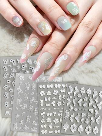 4片白色3D立体五瓣花银箔珍珠美甲贴纸，适合女性/女孩美甲DIY装饰