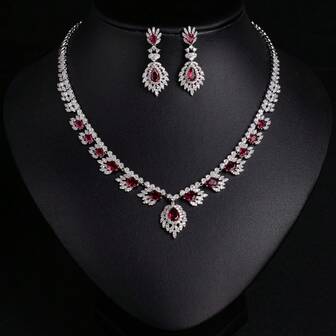 3 件/套全新方晶锆石吊坠项链耳环套装适合女士婚礼、订婚或晚宴礼服珠宝套装配饰