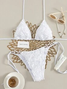 2 piezas Conjunto de bikini elegante y sexy con espalda anudada de unicolor, adecuado para vacaciones y playa en verano blanco - Blanco - Ver 1