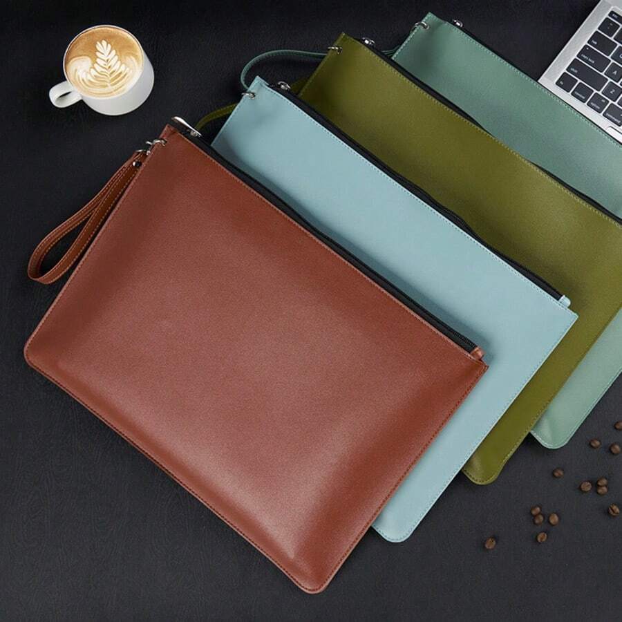 Large-Capacity A4 Leather Document Pouch Refined Zipper Design Prevents Documents From Falling Out Multi-Color Business Office Document Organizer. Three Colors Available (Blue, Brown, Green)