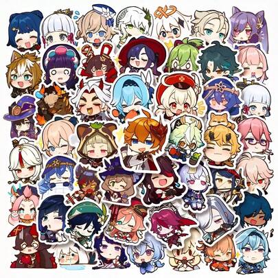 50 Unique Chibi-Style Japanese Anime Character Stickers, Featuring Classic Characters Like Wendy, Raiden, Zhongli, And Narcissus. Perfect For Decorating Stationery, Water Bottles, Cell Phones, Laptops, Suitcases, Refrigerators, Skateboards, And Guitars. A Collector's Dream! Stickers, Seals, Sticker Books.