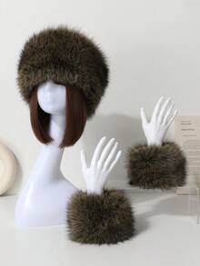 一套女士纯色毛绒渔夫帽，包含臂套、腕套、保暖防风护耳帽、针织帽，可爱休闲优雅复古街头风百搭宽松针织帽，适合户外、滑雪、骑行、旅行、派对、日常佩戴，情人节礼物 - 米色 - 查看 10