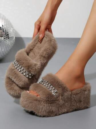 Khaki Slip-On House Slippers With Rhinestone Decor, Thick Plush Lining, Fashion Outdoor Wear, Closed Toe Elegant Platform Fluffy Slippers For Women, Autumn/Winter