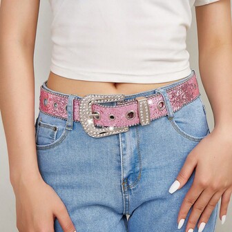 1pc Y2K Punk Party Spicy Girl Style Belt With Full Rhinestone Inlay, Metal Buckle, And Sequin Craftsmanship, Suitable For Mini Skirts, Pencil Skirts, And High-Waisted Pants, Perfect For Parties, Gatherings, Daily Wear, Fashion Style, Outdoor Activities, Vacations, Casual Sports, Travel, Autumn, Fall Outfits, Halloween/Fall-Winter Accessories, Christmas, Valentine's Day, Back-To-School Season, Music Festivals.
