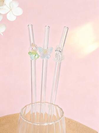 1/3PCS Dinosaur/Butterfly/Cat Glass Straw,Colorful Reusable Straw For Iced Coffee, Boba Tea & Juice. Fashionable Gift For Women, Men & Friends. Creates Playful Drinking Experience. Perfect For Daily Use And Special Occasions.