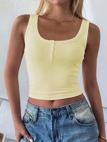 Women's New Solid Color Minimalist Slimming Button Camisole Top - Yellow - View 3
