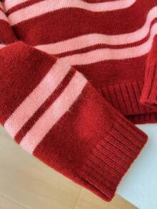 1 pieza Suéter holgado de punto de cuello redondo casual con rayas y contraste de color para mujer, jersey amplio, versátil y minimalista de manga larga - Multicolor - Ver 9