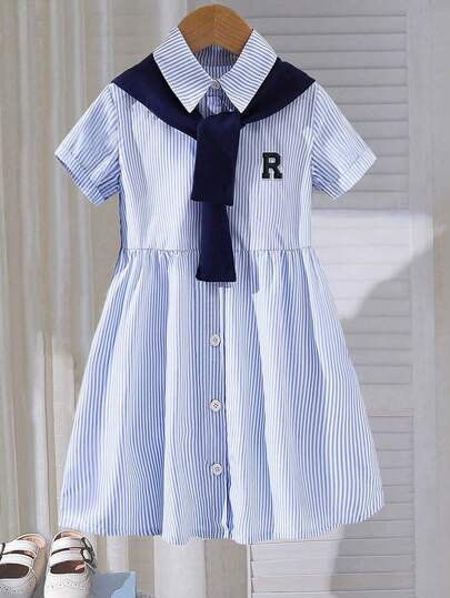 Vestido camisero de manga corta con estampado de rayas y letras para niña preadolescente con chal