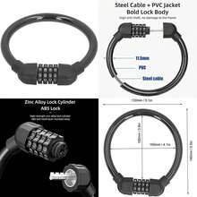 Keenso Candado con Contraseña de 4 Dígitos, Candado con Cable para Bicicleta Antirrobo Portátil, Candados Antirrobo para Bicicletas de Resistencia, Candado con Contraseña(negro) - Multicolor - Ver 1