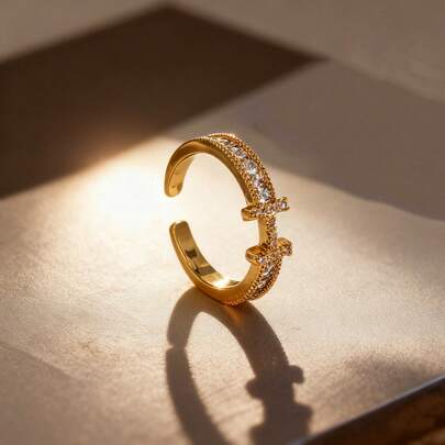 JOJELOO 18K Gold Plated Double T-Shape Ring, Cubic Zirconia - Minimalist Geometric Design, Adjustable Personalized Ring, New Fashion Accessory, Elegant Gift For Modern Minimalist